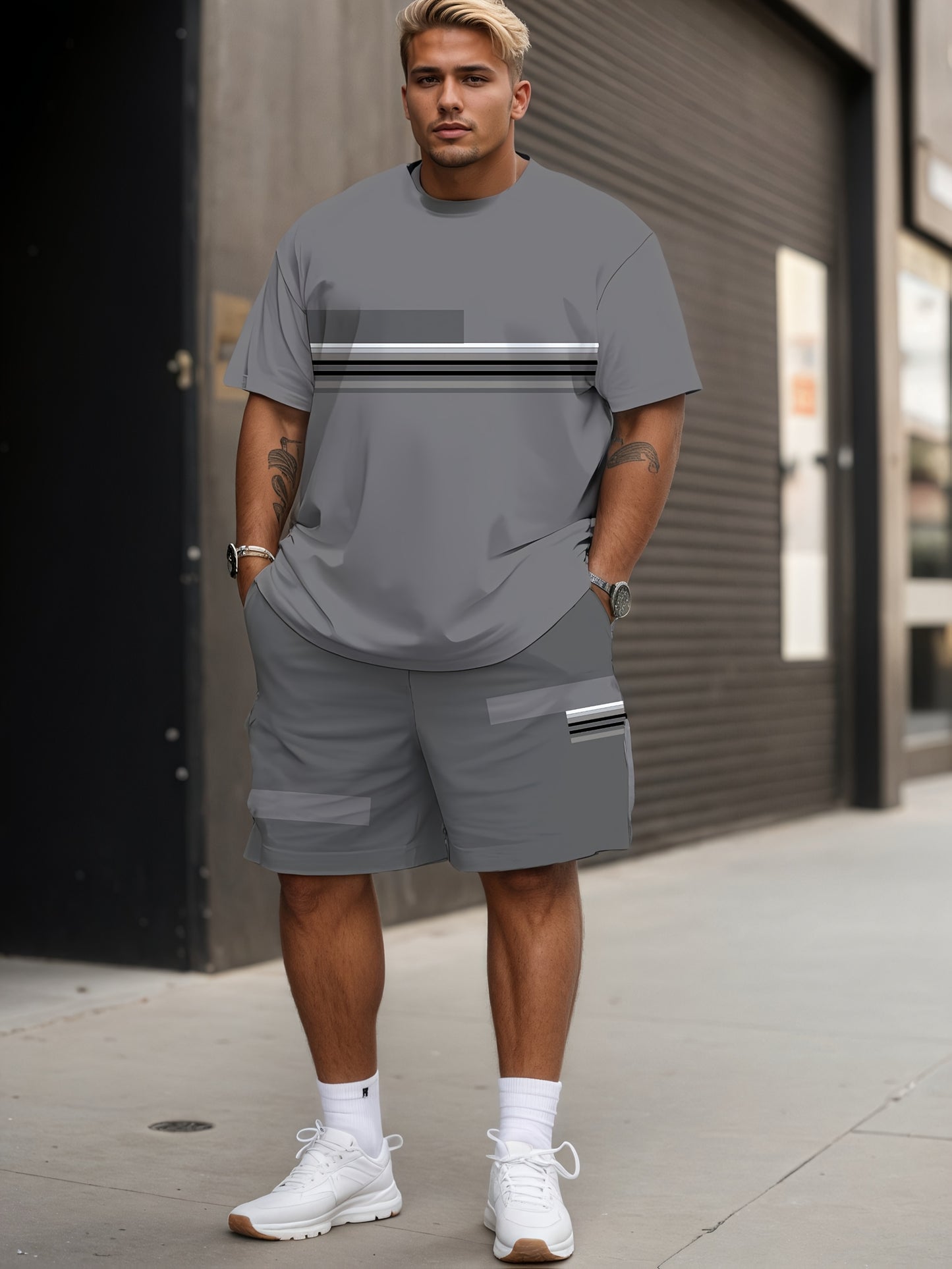 Men'S Plus Size 3D Print Short Sleeve Shorts Set Gray