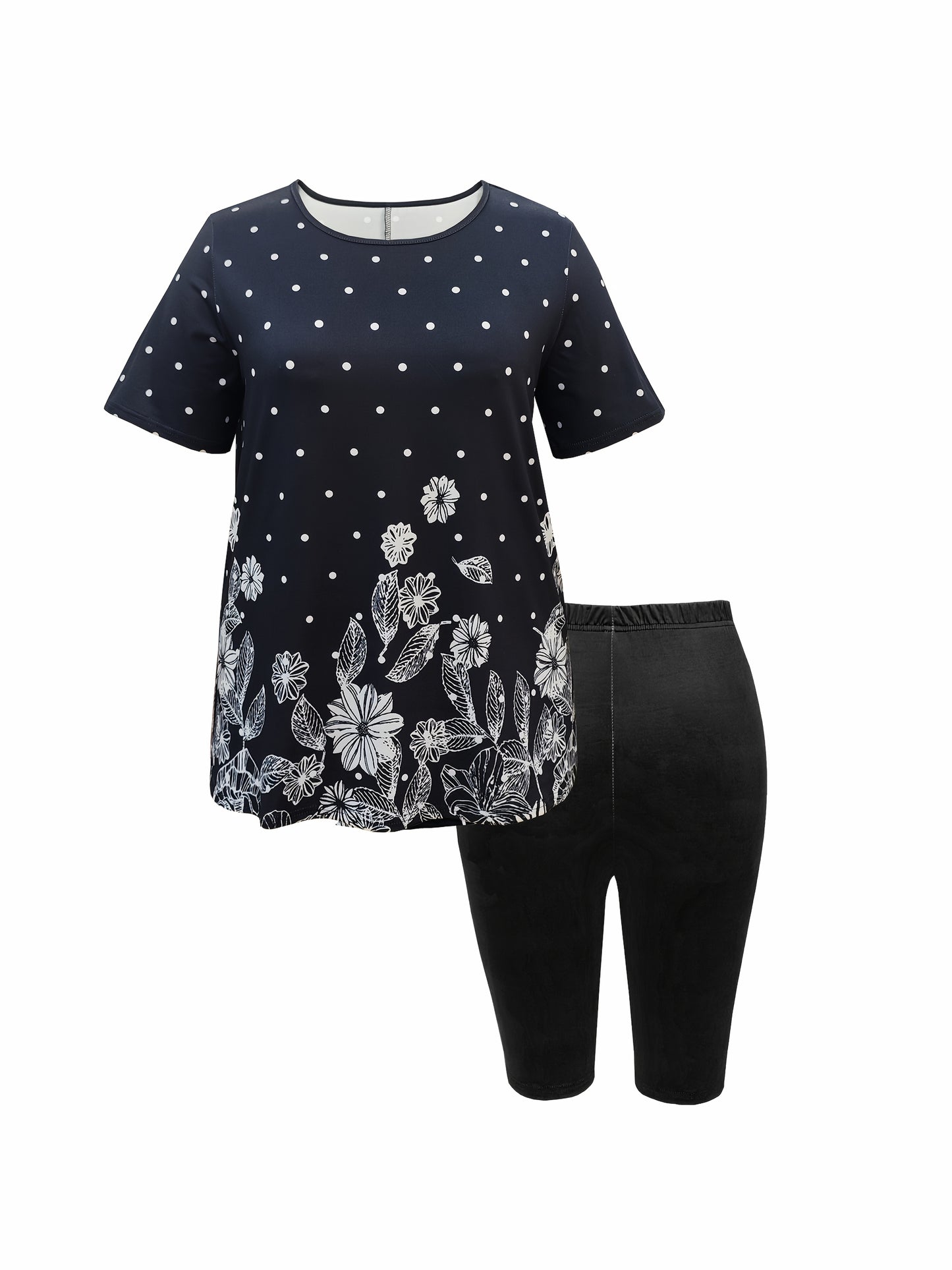 Plus Size Two-Piece Set - Polka Dot & Floral Prints