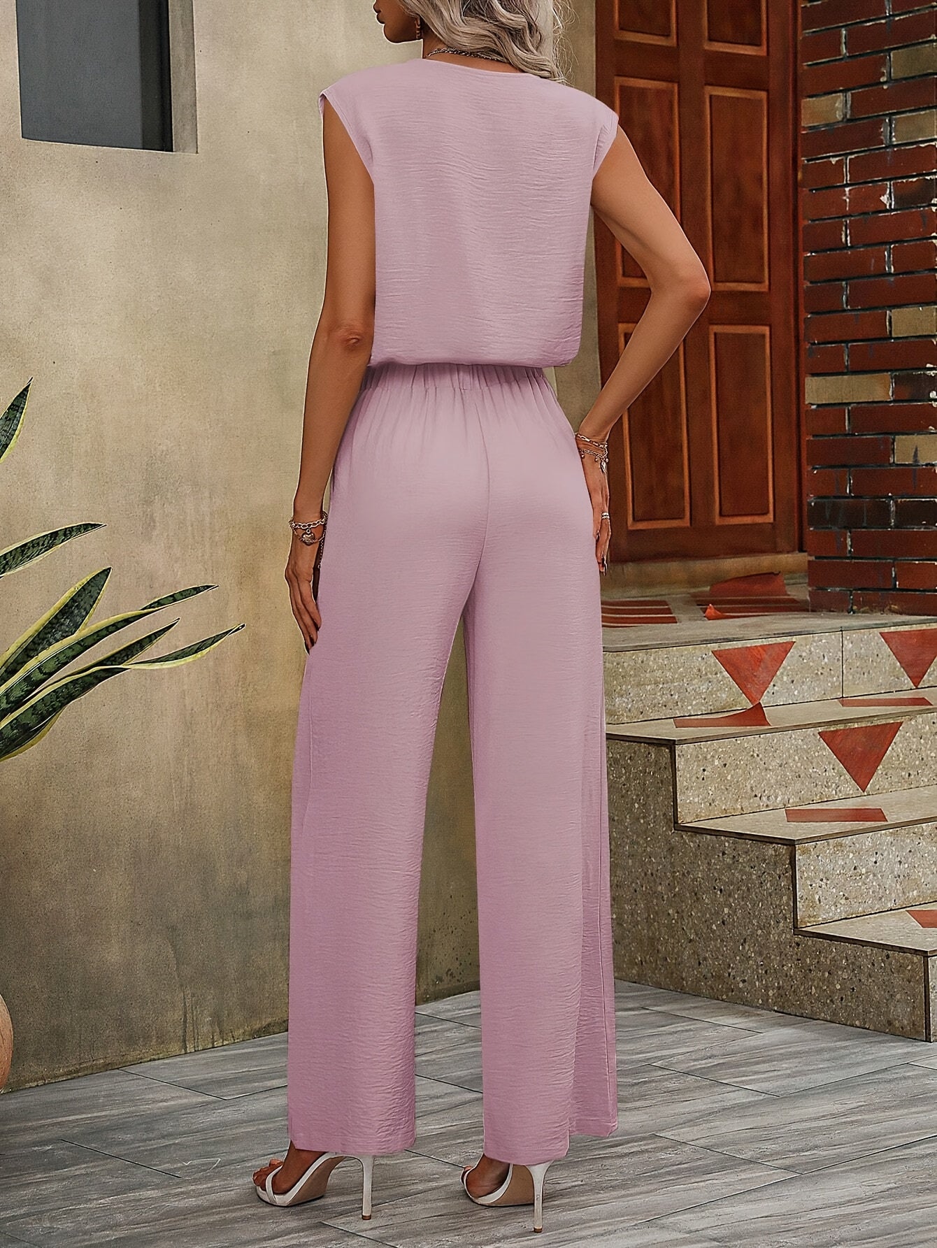 Women Solid Color Sleeveless Top With Notch Neckline And Belted Long Pants Set for Casual Style