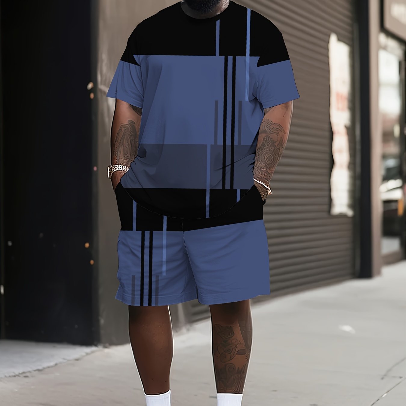 Men's Fashion Casual Plaid Print Short Sleeve Two Piece Set