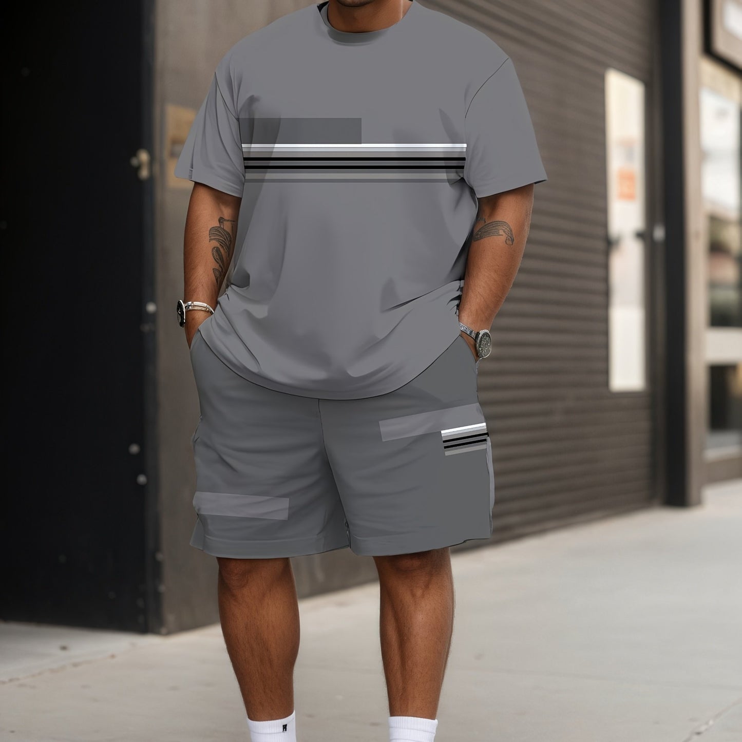 Men'S Plus Size 3D Print Short Sleeve Shorts Set Gray