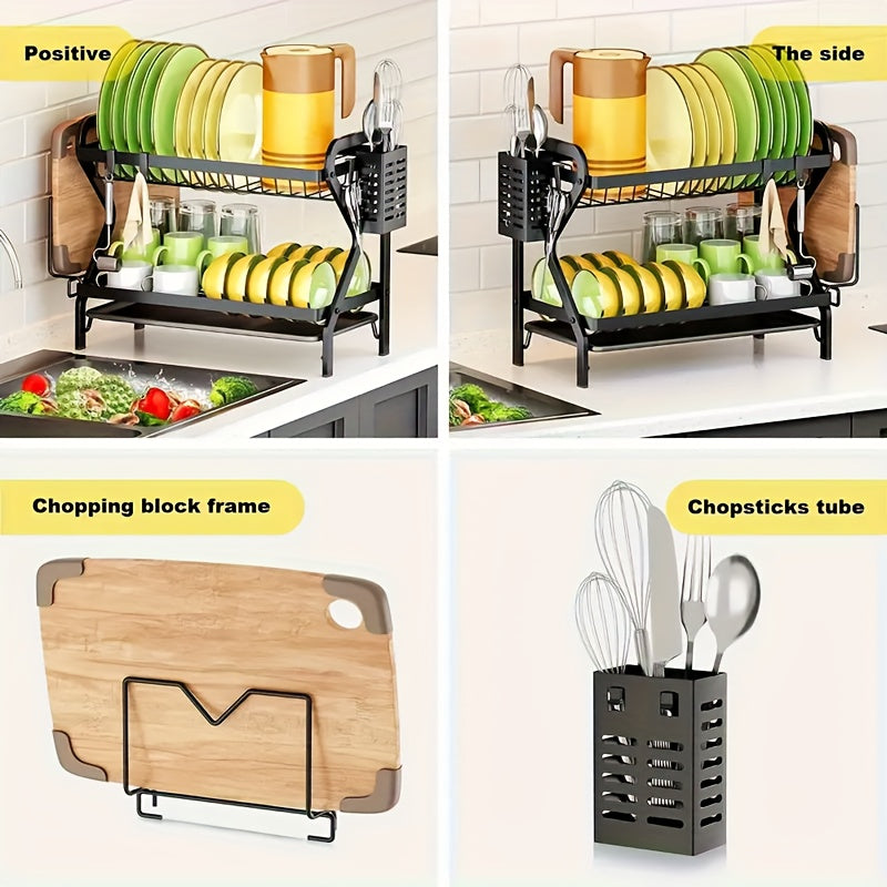 Metal 2-Tier Large Capacity Dish Rack With Utensil Holder