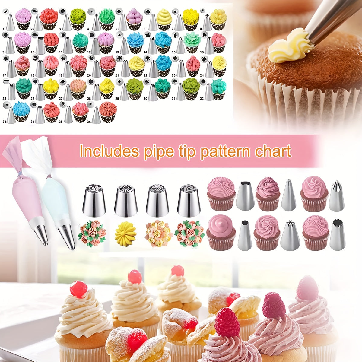 337Pcs Cake Decorating Supplies Kit, Piping Bags and Tips Set, 36 Numbered Icing Piping Tips, 1 6-inch Spatula, 100 disposable baking cups, 8 fondant decorating tools, Cake Baking Tools for Cookie Icing Cupcakes