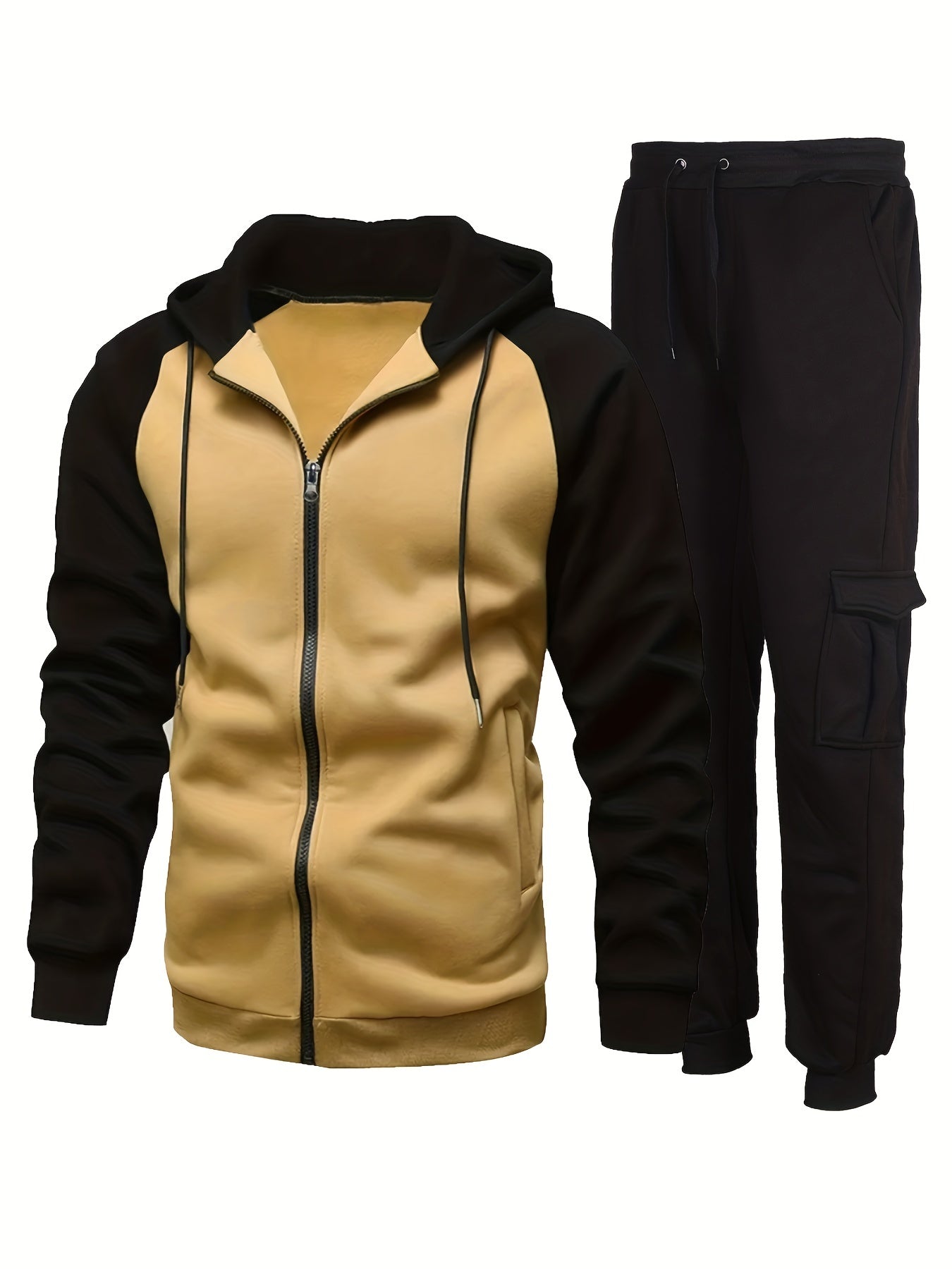 Men's Plus Fleece Fashion Color Block Hooded Sweatshirt Set