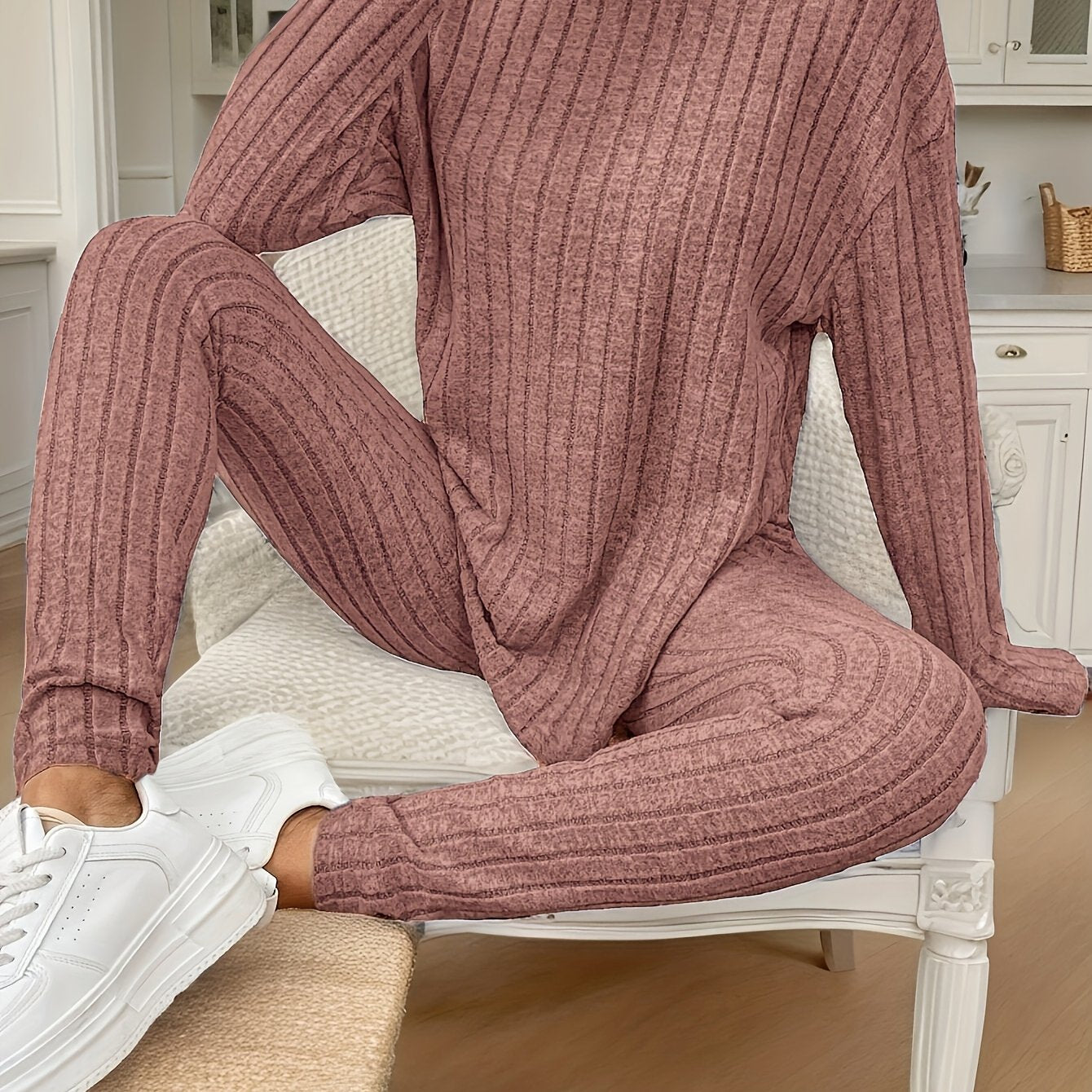 French Texture Plain Rib Knit Long Sleeve 2pcs Casual Set