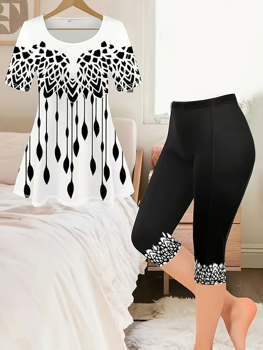 Fashion Round Neck Printed Short-sleeved T-shirt with Capri Pants for Women Set