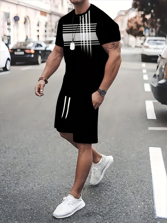 Plus Size Mens Vibrant Stripes Print T-Shirt and Shorts Set