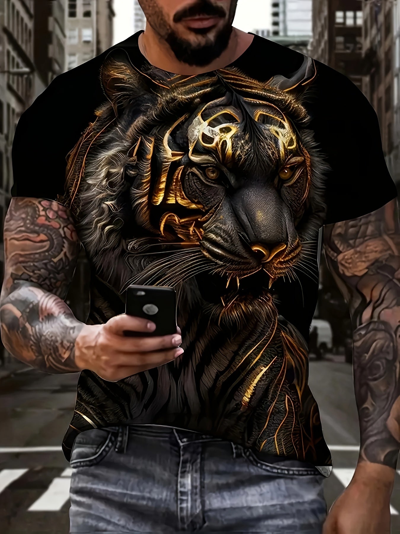 Men's Stylish Tiger 3D Digital Pattern Print Graphic T-Shirt