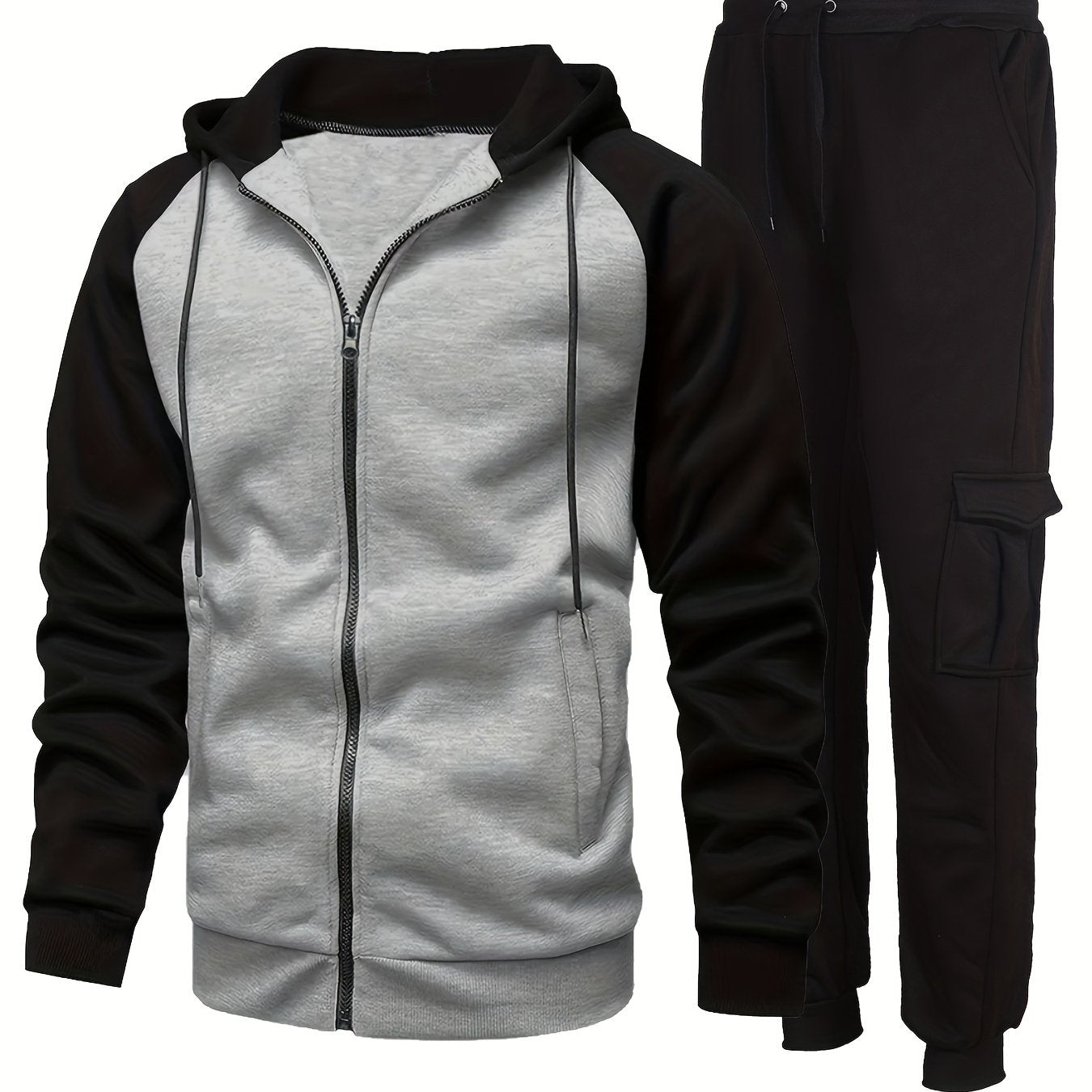 Men's Plus Fleece Fashion Color Block Hooded Sweatshirt Set