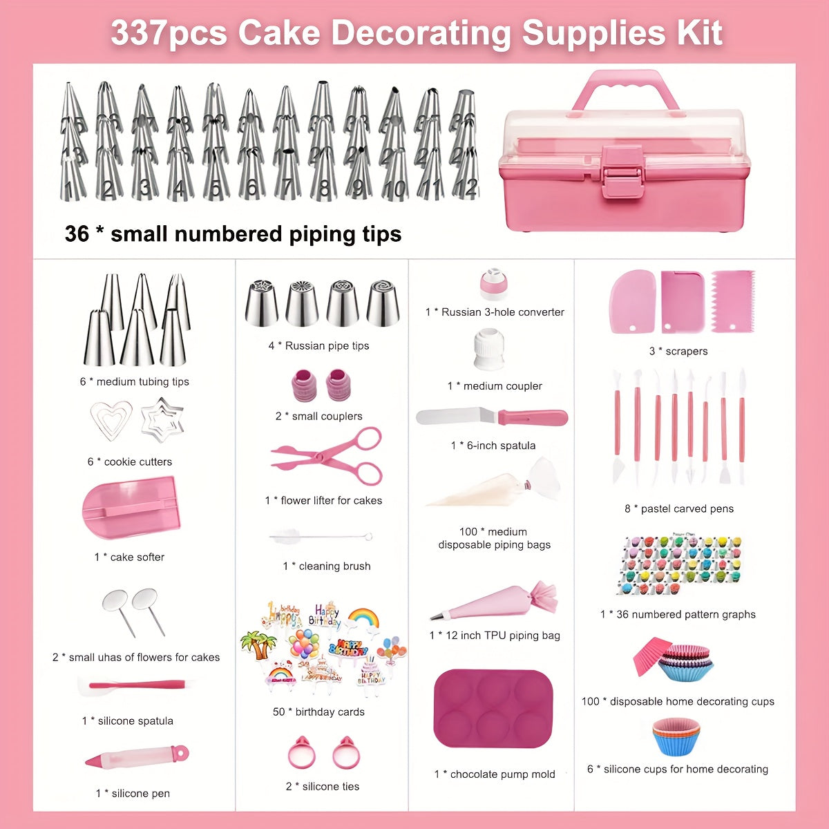 337Pcs Cake Decorating Supplies Kit, Piping Bags and Tips Set, 36 Numbered Icing Piping Tips, 1 6-inch Spatula, 100 disposable baking cups, 8 fondant decorating tools, Cake Baking Tools for Cookie Icing Cupcakes