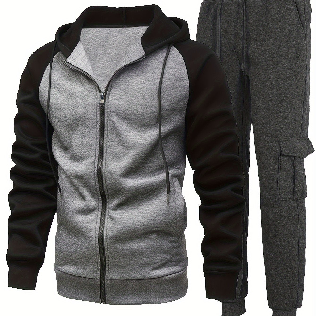 Men's Plus Fleece Fashion Color Block Hooded Sweatshirt Set