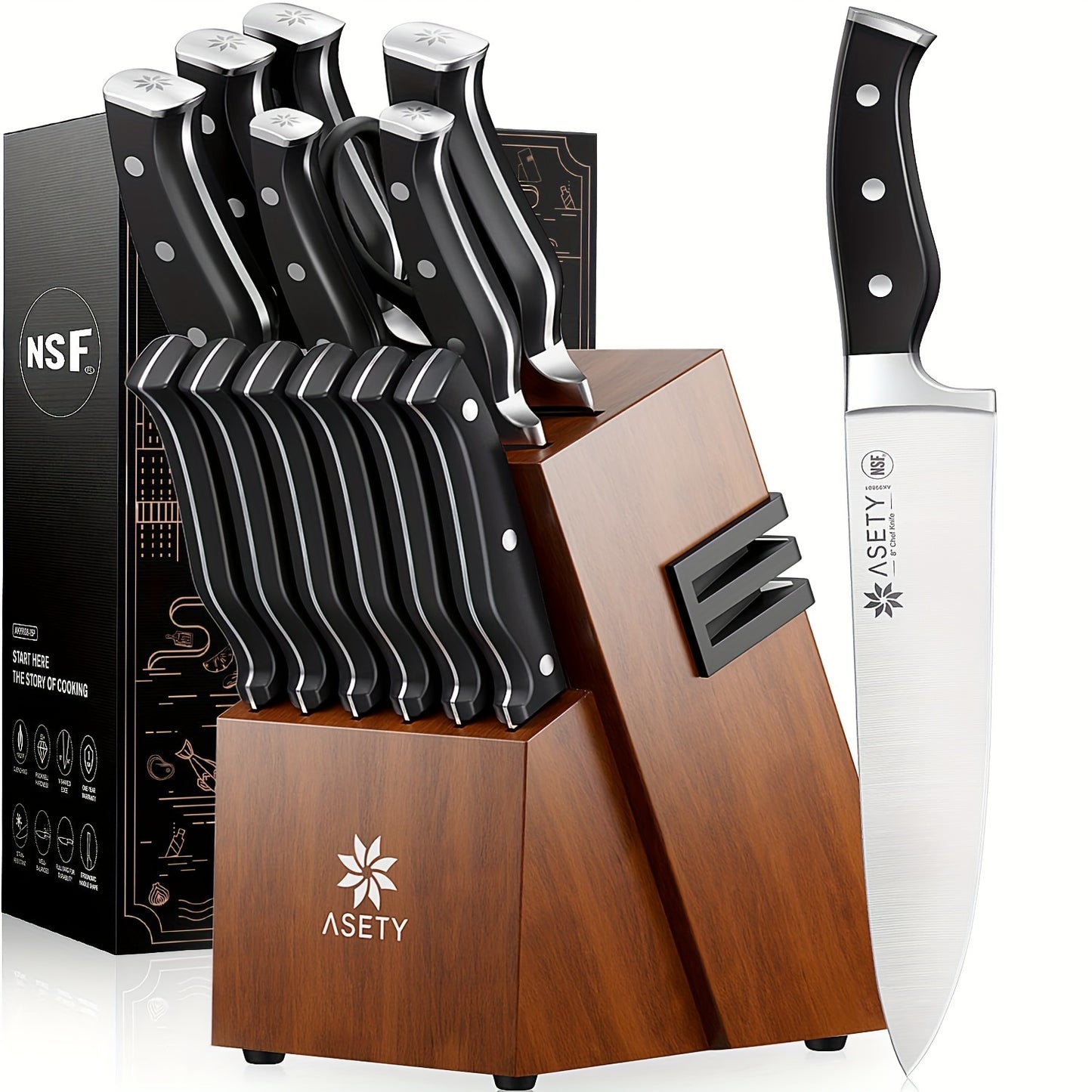 15 Pcs Kitchen Knife Set With Built-in Knife Sharpener Block