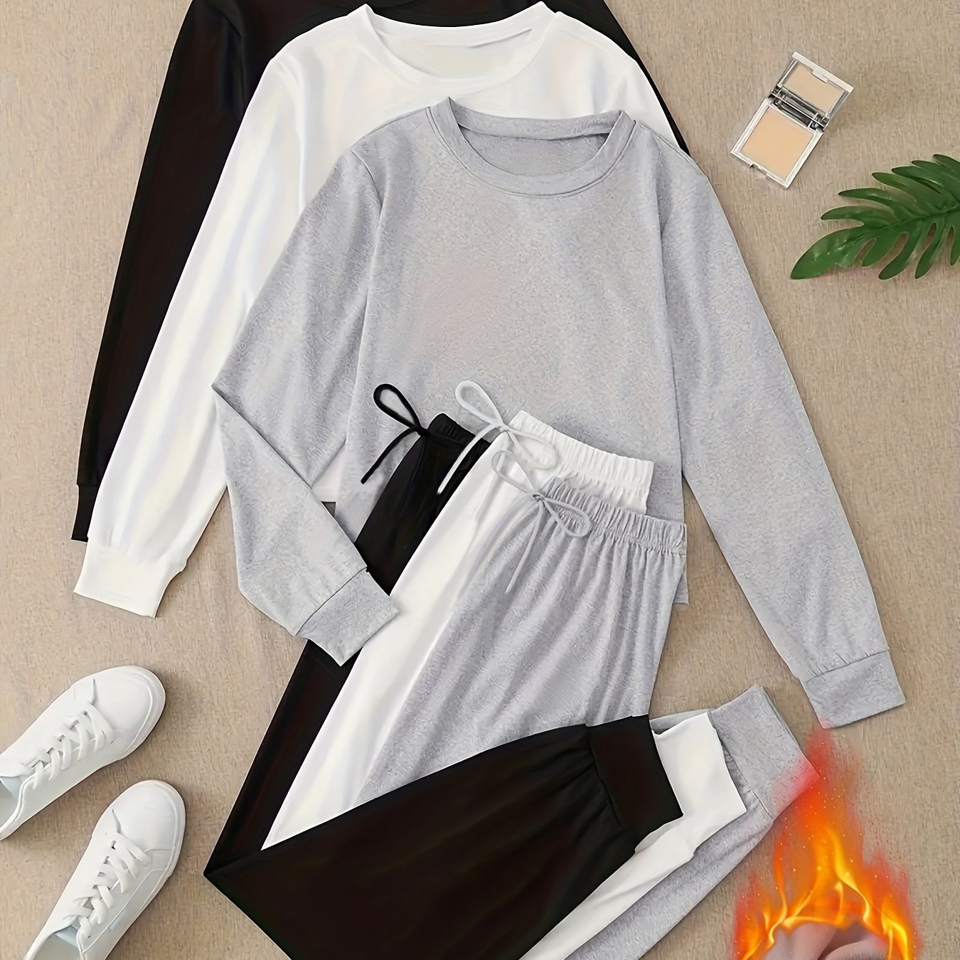 3pcs Women'S  Long Sleeve Crew Neck Sweatshirt and Pants