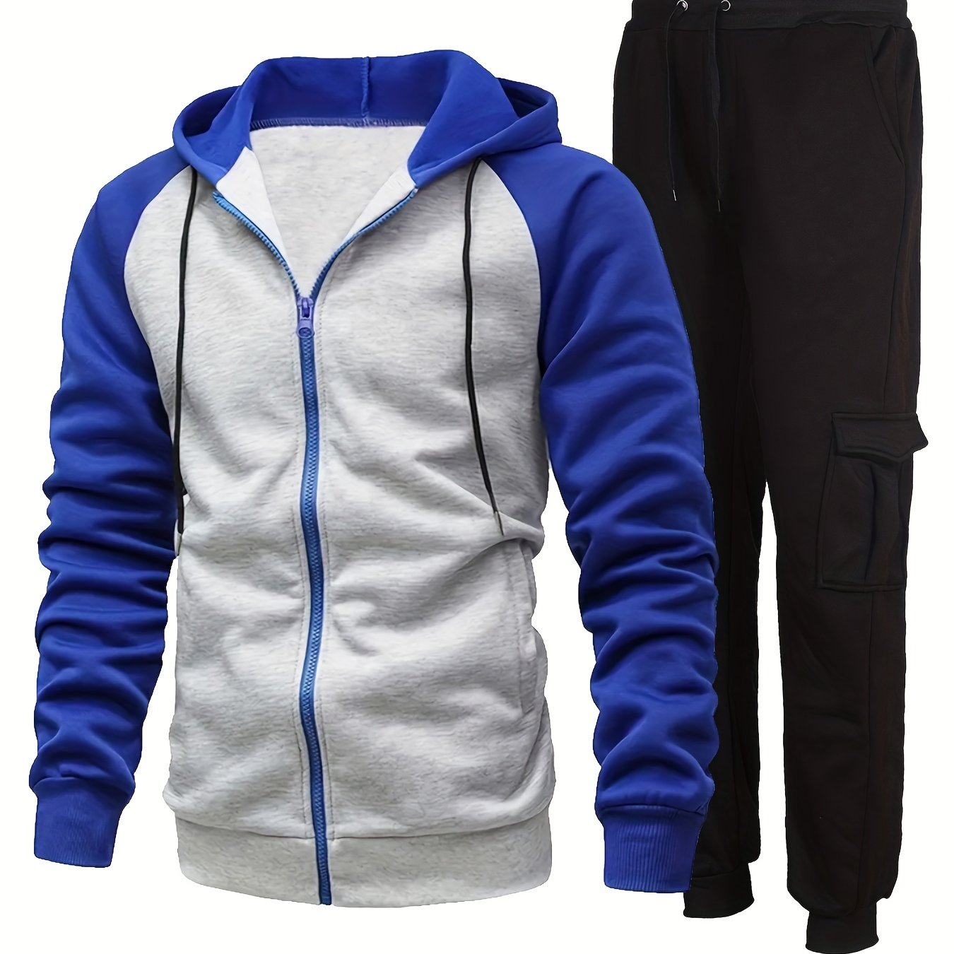 Men's Plus Fleece Fashion Color Block Hooded Sweatshirt Set