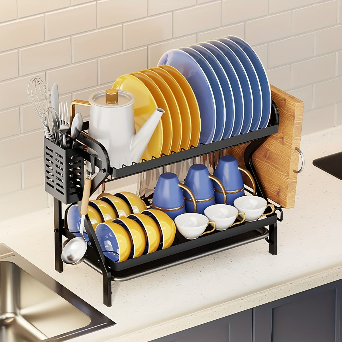 Metal 2-Tier Large Capacity Dish Rack With Utensil Holder