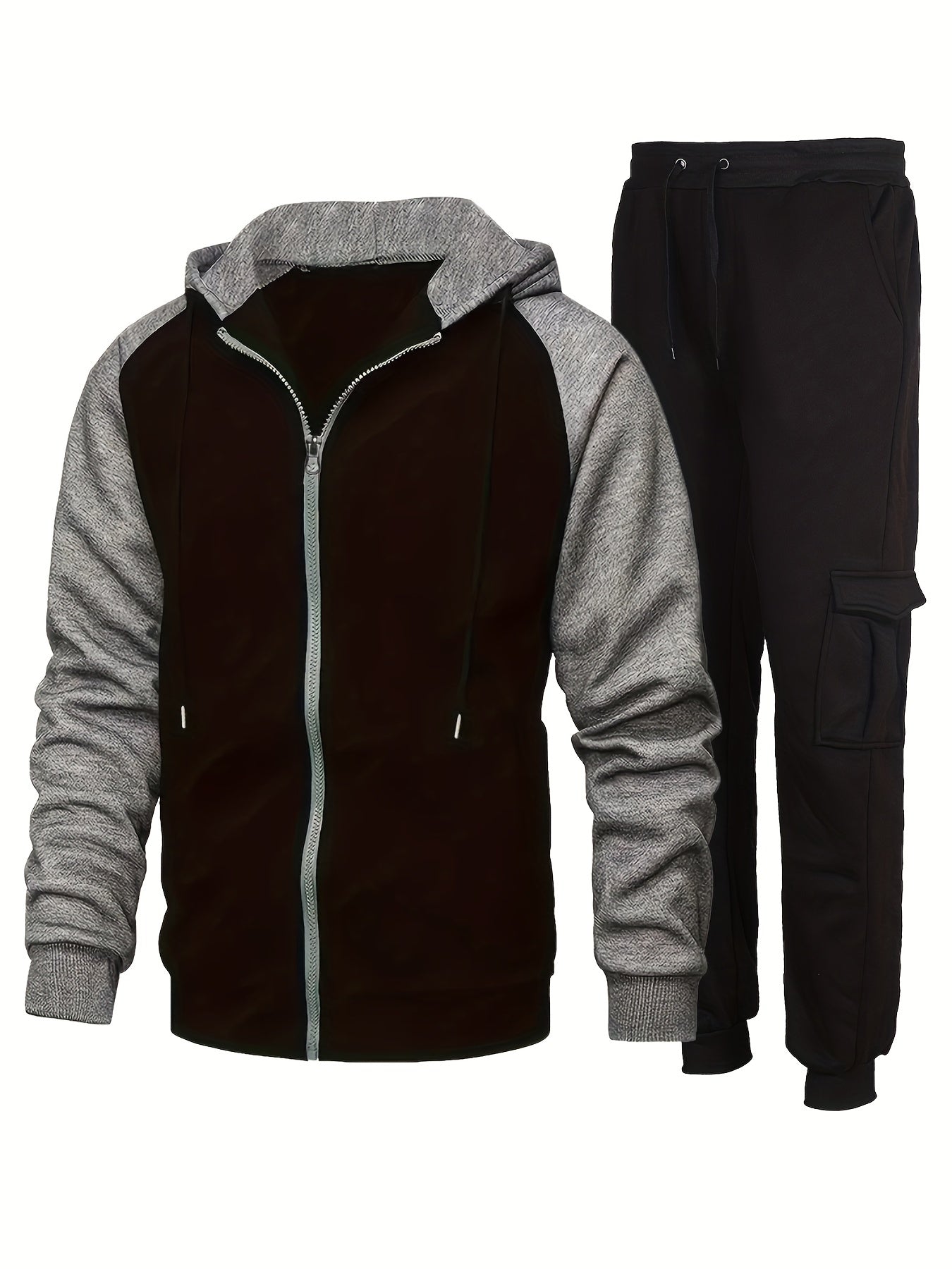 Men's Plus Fleece Fashion Color Block Hooded Sweatshirt Set