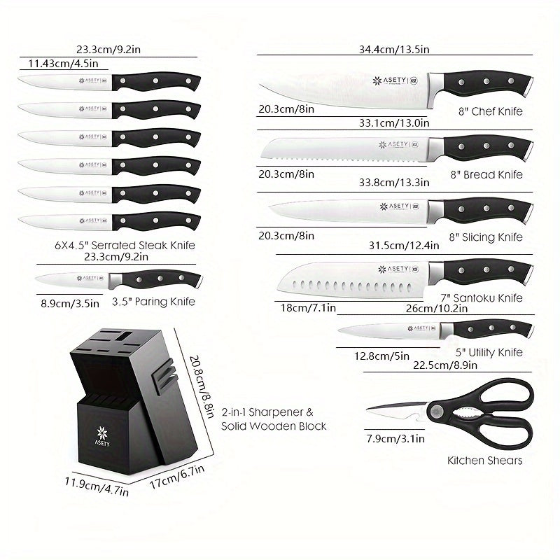 15 Pcs Kitchen Knife Set With Built-in Knife Sharpener Block