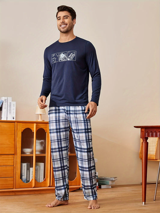 Comfortable Print and Plaid Pants Pajama Set