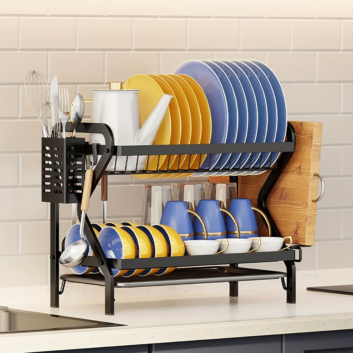 Metal 2-Tier Large Capacity Dish Rack With Utensil Holder