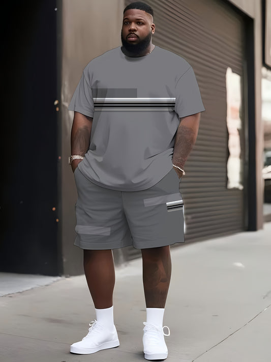 Men'S Plus Size 3D Print Short Sleeve Shorts Set Gray
