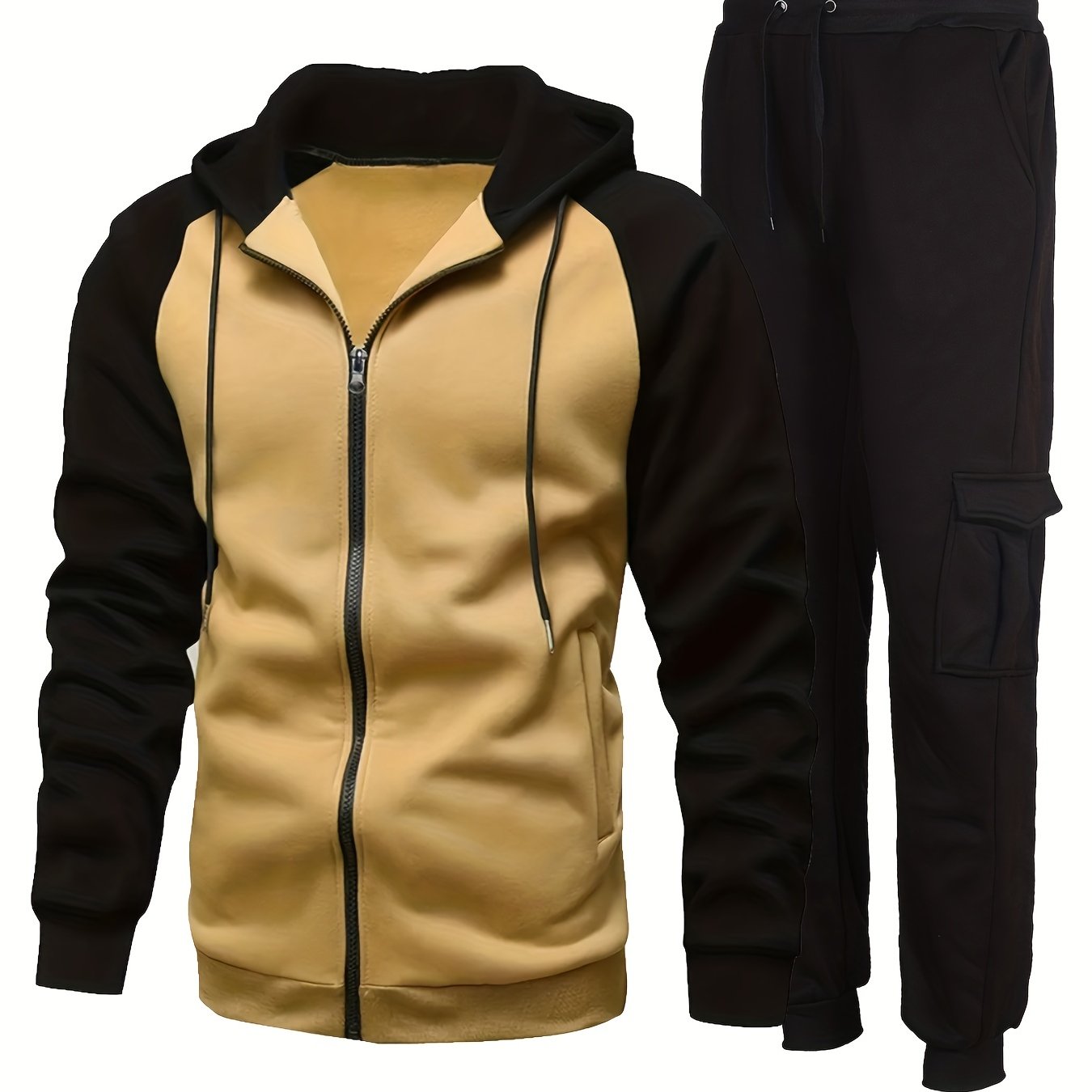 Men's Plus Fleece Fashion Color Block Hooded Sweatshirt Set