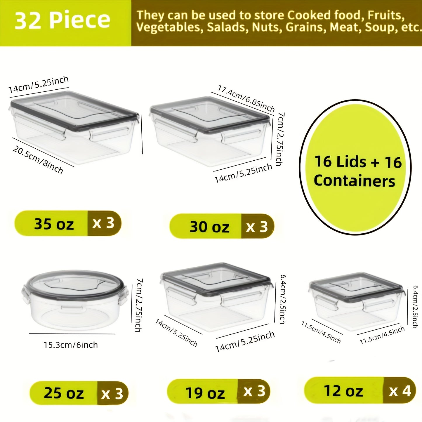 32pcs Food Storage Containers Set with Easy Snap Lids