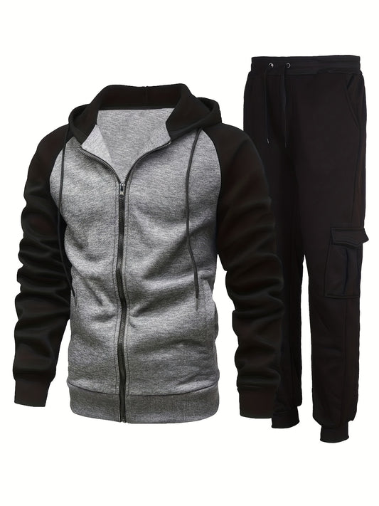 Men's Plus Fleece Fashion Color Block Hooded Sweatshirt Set