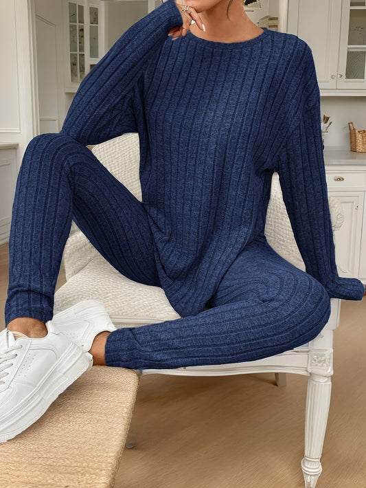 French Texture Plain Rib Knit Long Sleeve 2pcs Casual Set