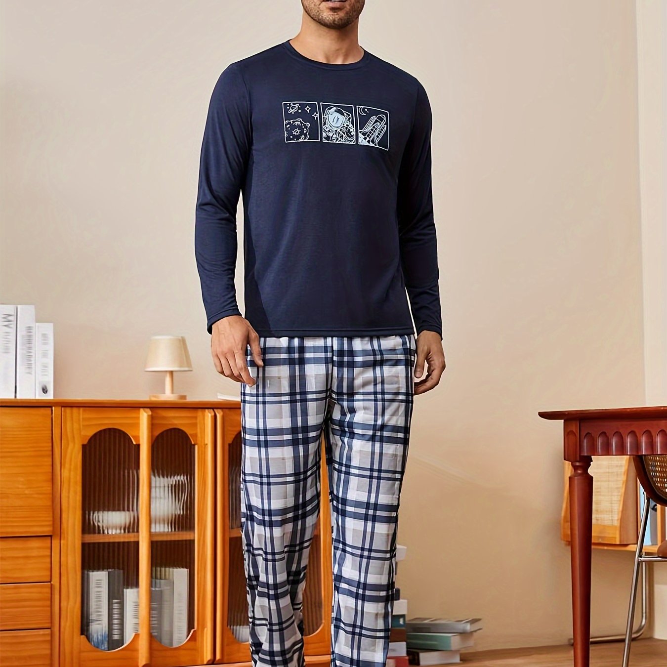 Comfortable Print and Plaid Pants Pajama Set