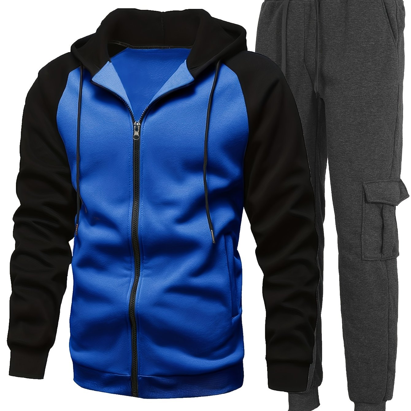 Men's Plus Fleece Fashion Color Block Hooded Sweatshirt Set