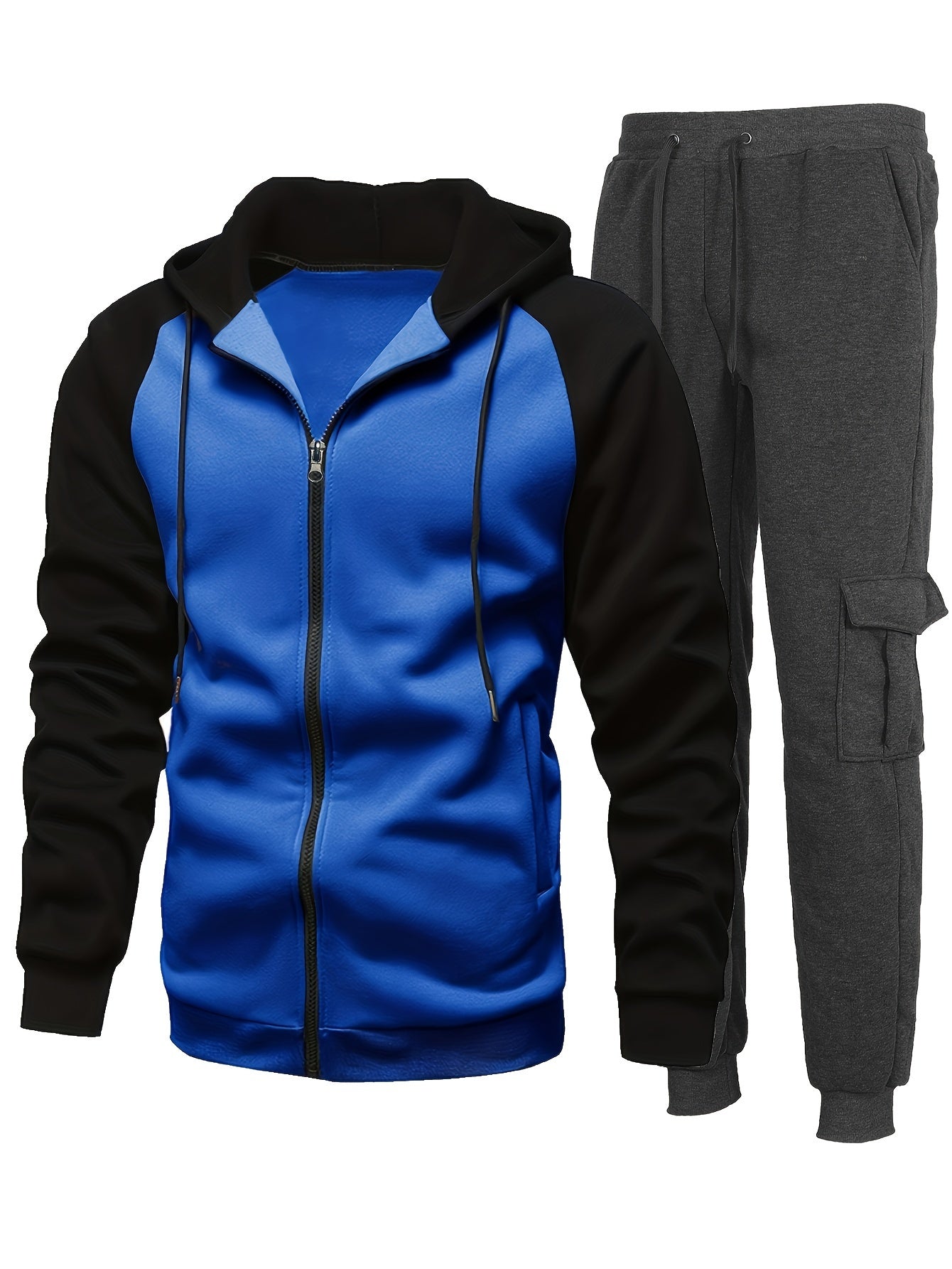 Men's Plus Fleece Fashion Color Block Hooded Sweatshirt Set