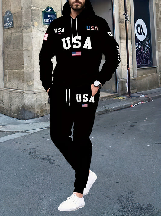 USA Letter Print Casual Hooded Sweatsuit Set for Men