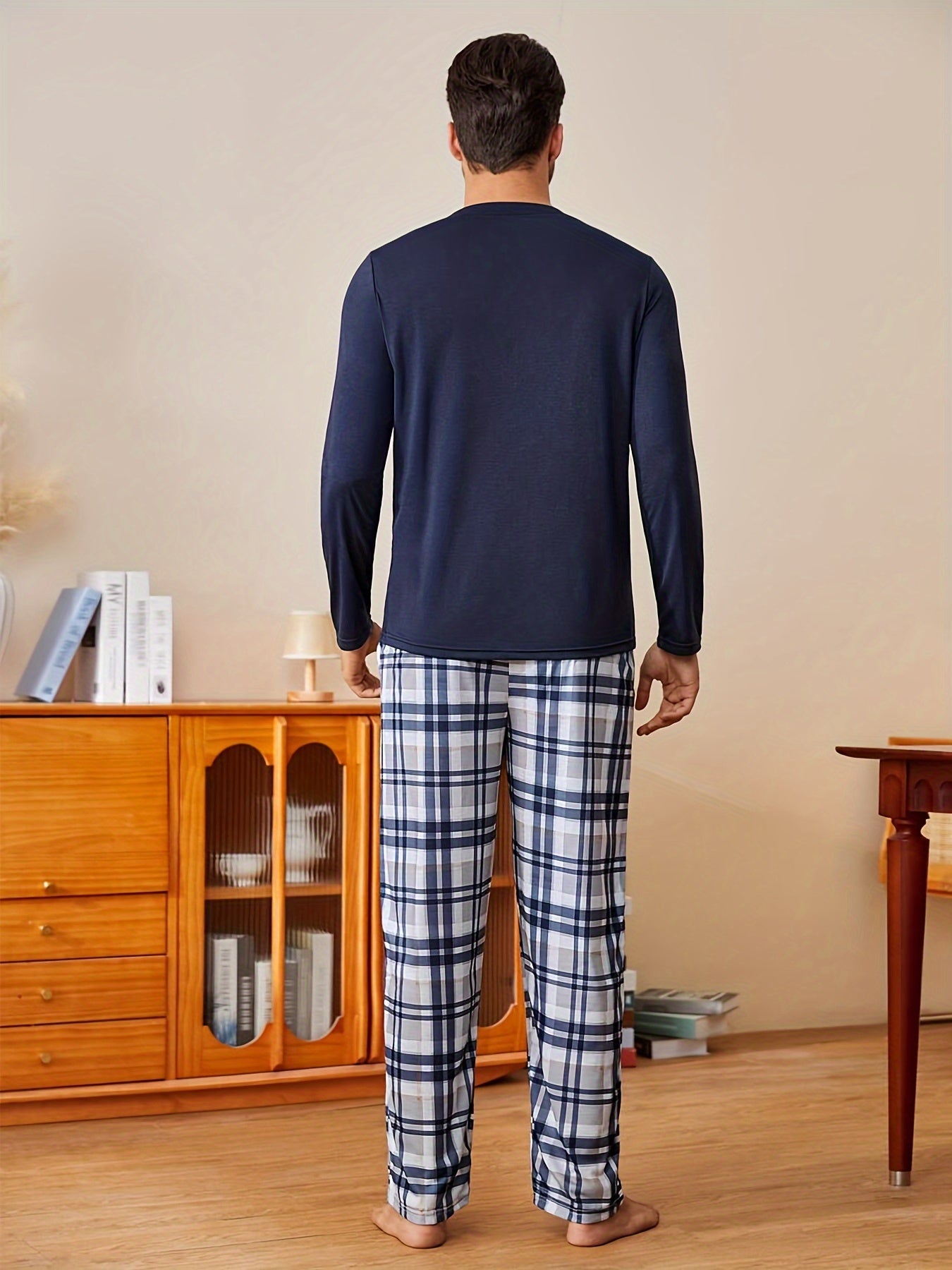 Comfortable Print and Plaid Pants Pajama Set