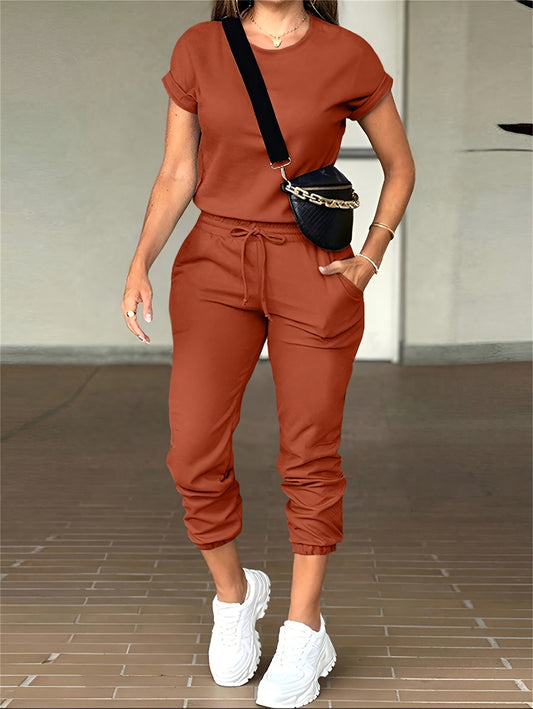 Simple Solid Color Crew Neck Top And Drawstring Pants Suit