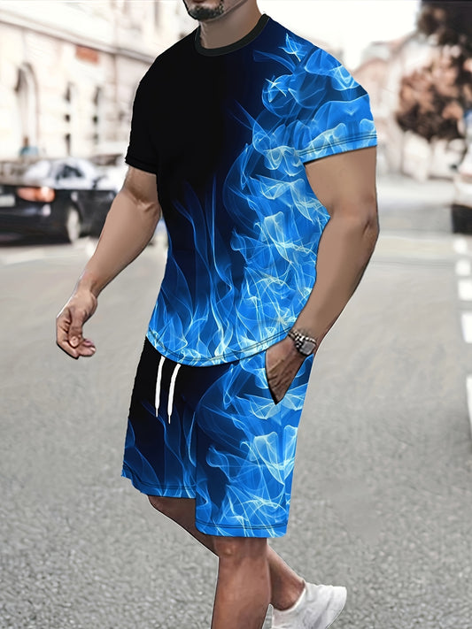 Men'S Stylish Casual Sportswear Set With Blue Flame Pattern
