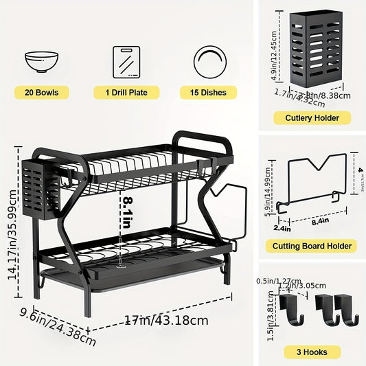 Metal 2-Tier Large Capacity Dish Rack With Utensil Holder